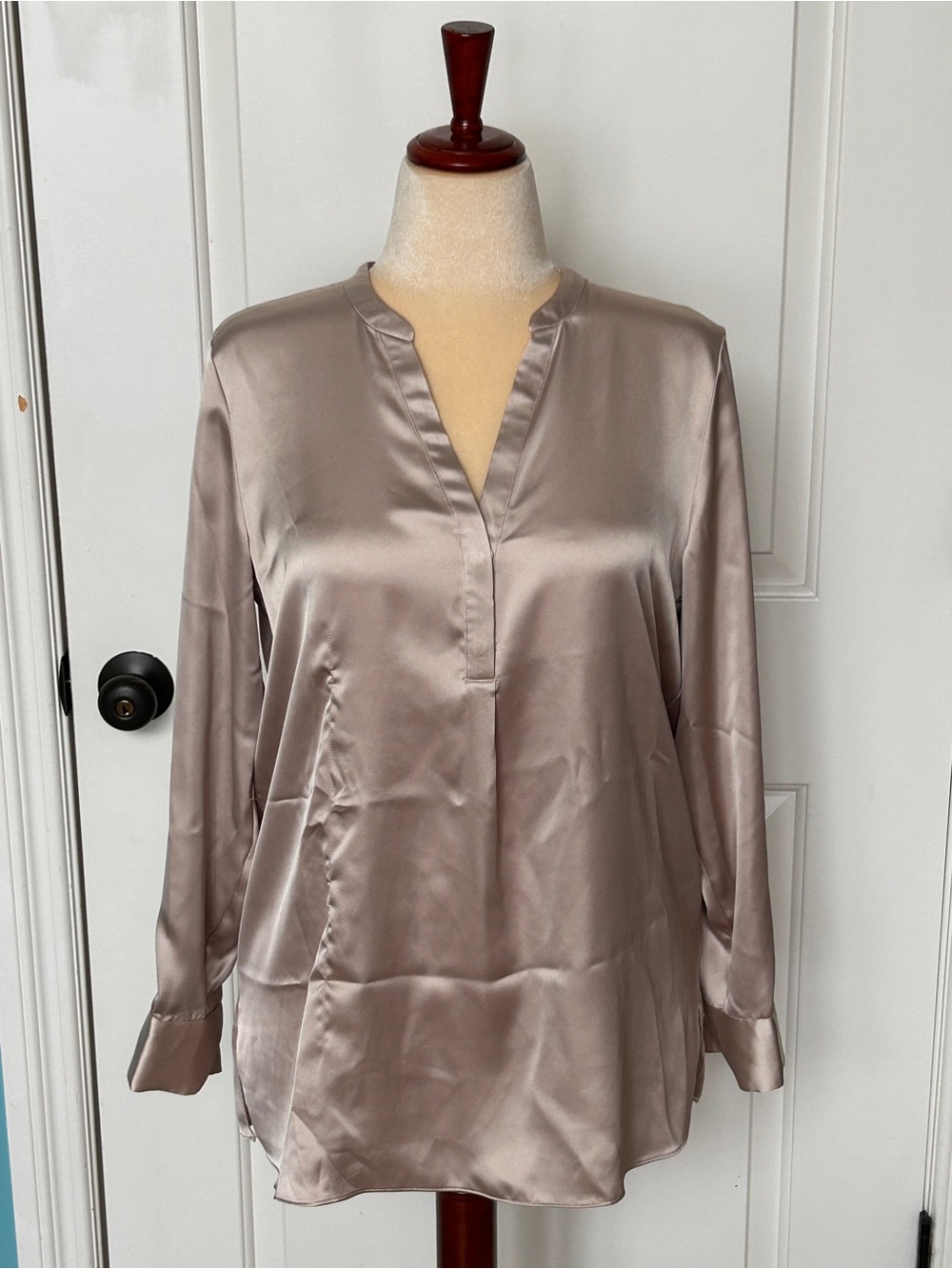 Alfani Satin V-Neck Long-Sleeve Blouse in Taupe